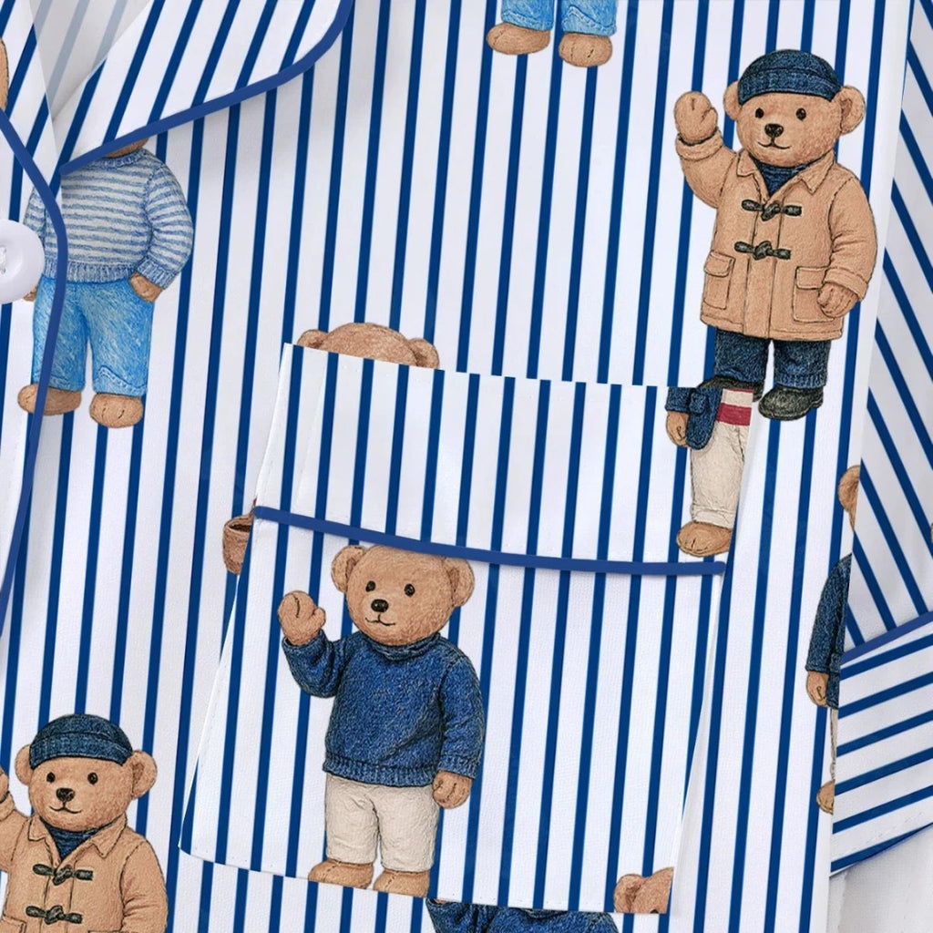 Women's Pajama with Bear Polka Point Stripes Print Blue Lapel Short Sleeve Short Pants Trousers Loungewear Home Wear Set Clothes