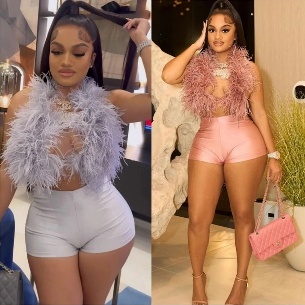 HLJ&GG Fashion Y2K Fur Hollow Out Streetwear Women Sleeveless Slim Crop Top And Shorts Outfits Female Trend 2pcs Outfits 2025