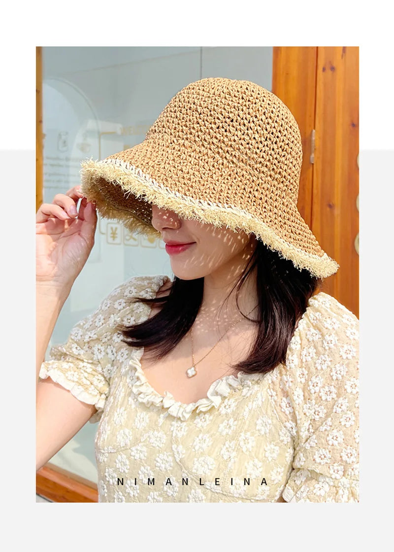 Summer Woven Straw Hat Ladies Beach Hat Sun Hat Wide Brim Soft Simple Fisherman Hat Panama Straw Dome Woven Bucket Hat