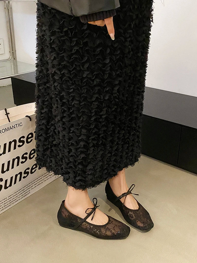 Mesh lace inner heightening women's shoes 2025 summer new sexy square head shallow breathable ballet shoes bow flat shoes