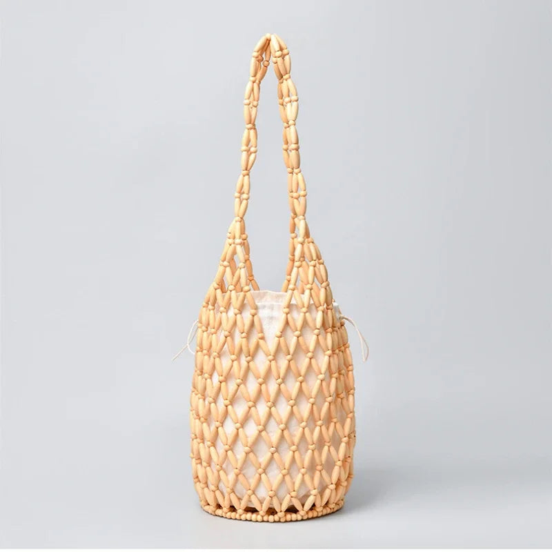 Summer Boho Style Hollow Out Woven Bag for Women Fashion Wooden Beads Shoulder Bag Seaside Holiday Mesh Bucket Tote Bags Bolsa
