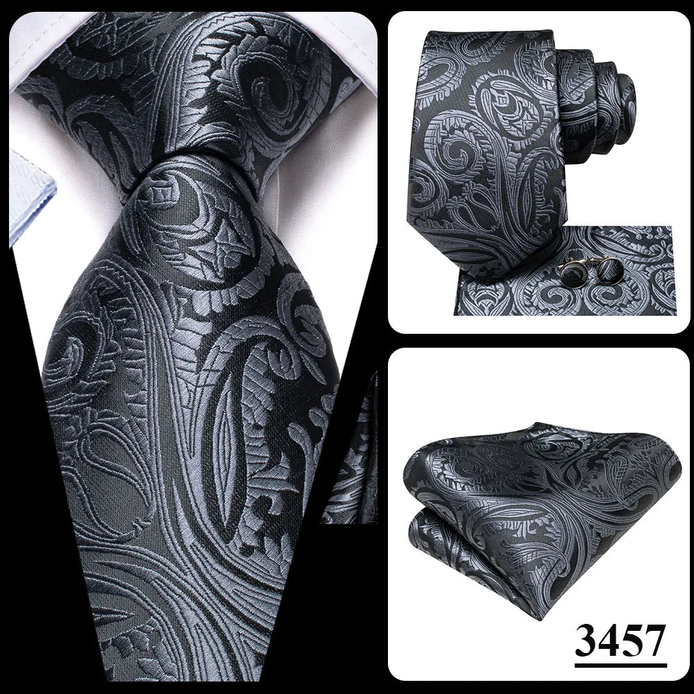 Hi-Tie White Grey Paisley 2026 New Mens Tie Hanky Cufflink Set Necktie For Men Wedding Party Business Men Tie Fashion Brand