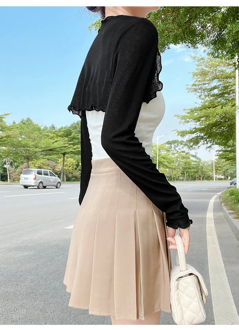 Womens Ruffle Long Sleeve Cropped Evening Shrug Open Front Bolero Tops Cardigan Long Sleeve Short Coat Cover-ups