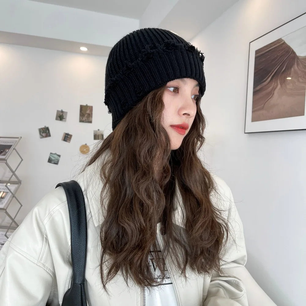 Solid Color Dilapidated Hole Knitted Hat Thickened Ear Protection Warm Cap Beanie Cap Hip-Hop Hat Unisex Pompoms Hat