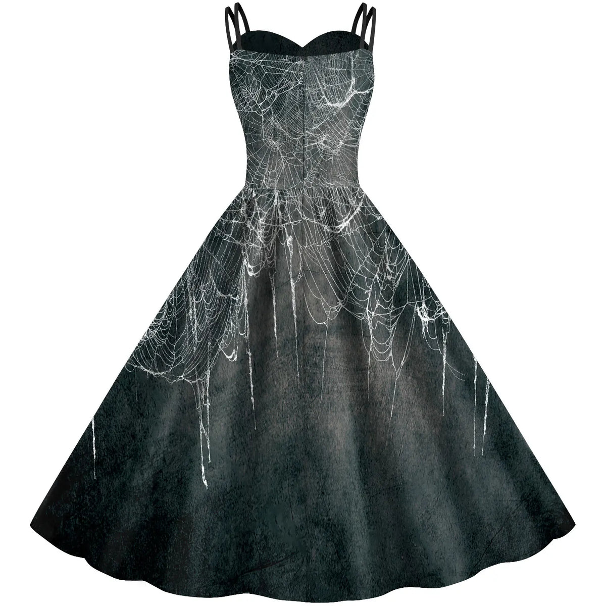 Halloween Gothic Costume Women Strap Swing Dress Skeleton Rib Heart Spiderweb Print Ladies Carnival Masquerade Outfits