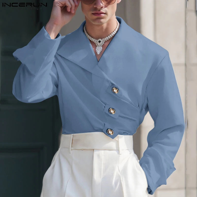 INCERUN Men Irregular Shirt V Neck Long Sleeve Solid Color Men Clothing Loose Pleated Streetwear 2025 Casual Irregular Shirts