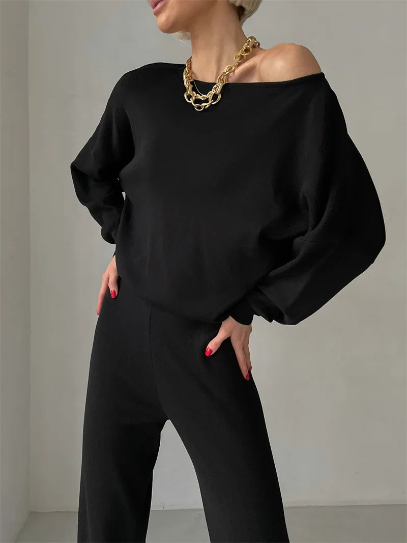 Elegant Winter Knit Pants Set Woman Sexy Loungewear 2 Piece Sweater Matching Sets Women Casual Knitted Two Piece Sets Women 2024