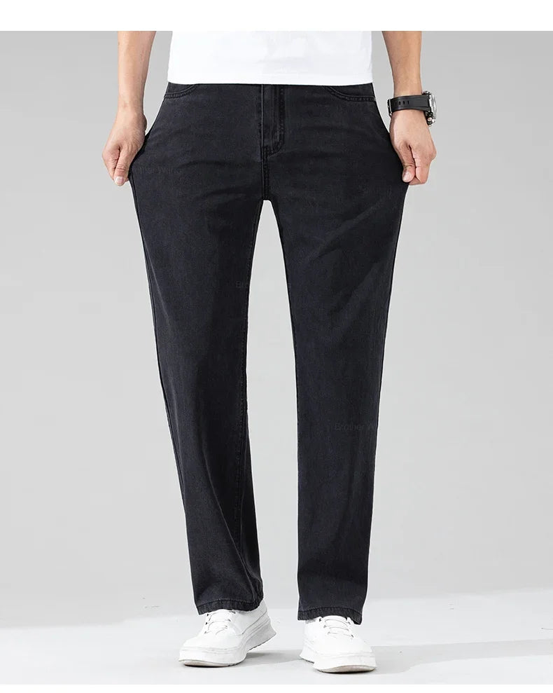 Lyocell Men's Black Jeans Summer Thin Loose Straight Soft Ice Silk Casual business Denim Pants male Elastic Wide Trousers