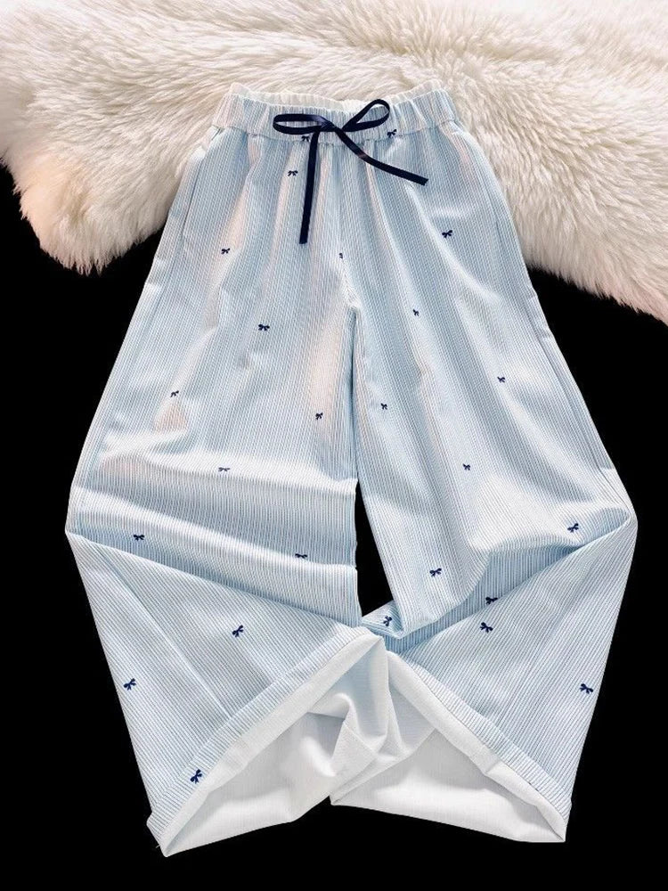 Zoki Sweet Bow Striped Pants Women High Waist Korean Casual Wide Leg Trousers Elegant Fashion Loose Cute Female Spring Pants New
