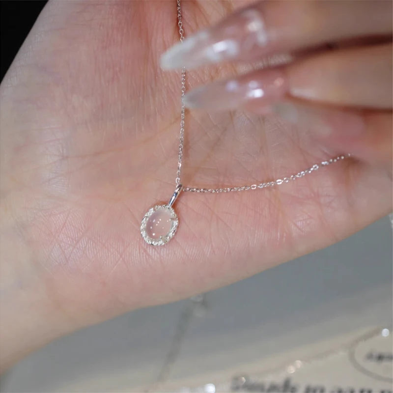 925 Sterling Silver White Jade Necklace Women's New Fashion Sweet Collarbone Chain Oval Pendant Simple Temperament Jewelry
