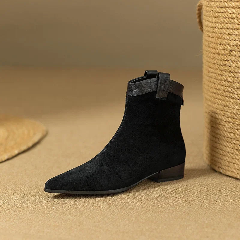 Women's Vintage Chunky Heel Ankle Boots Autumn Winter New Pointy Square Head Suede Back Zipper Soft Sole Non-slip Short Boots