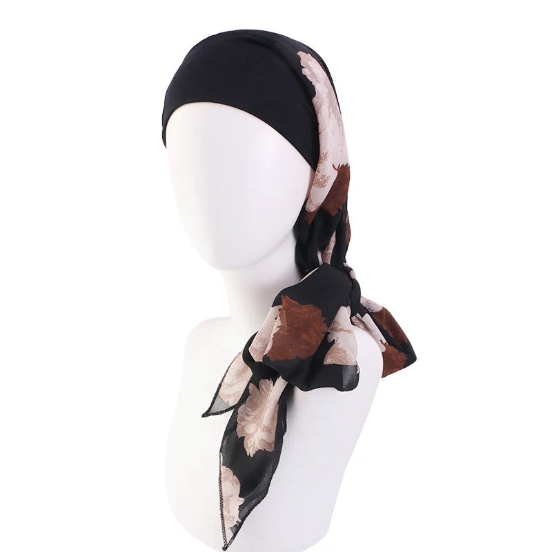 New Muslim Women Hijab Head Wrap Pre-Tied Headwear Cancer Chemo Flower Printed Elastic Turban Cover Hair Loss Head Scarf Bandana