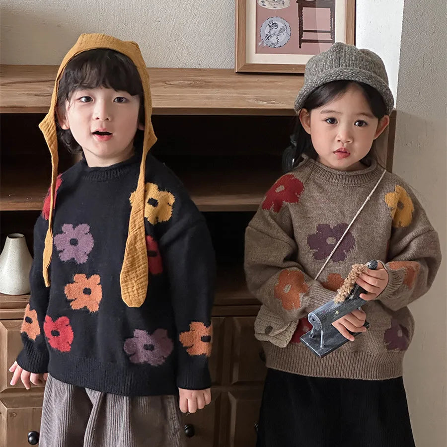 deer jonmi 2025 New Autumn Unisex Children Flowers Knitted Sweaters Retro Baby Boys Girls Pullovers Sweater