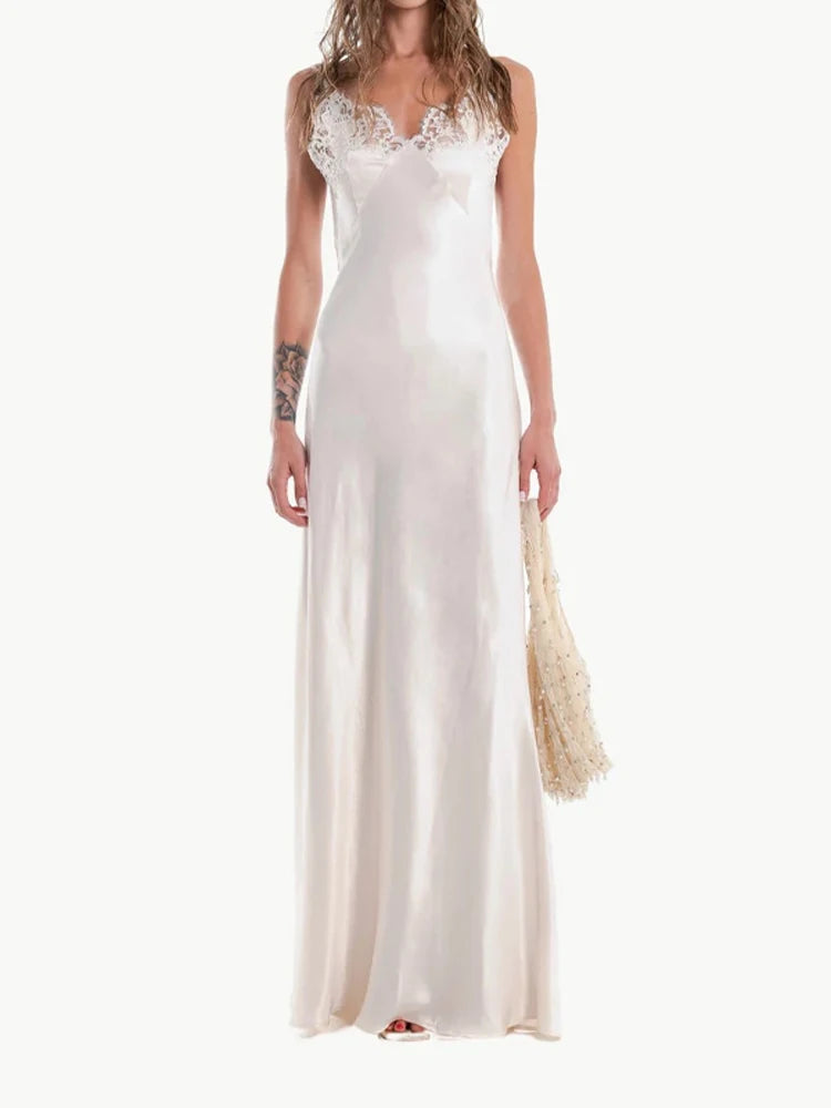 Chic Lace Patchwork Sling Maxi Dress Women Sexy V-neck Sleeveless Backless Satin Slim Long Gown Lady Evening Party Dresses 2026