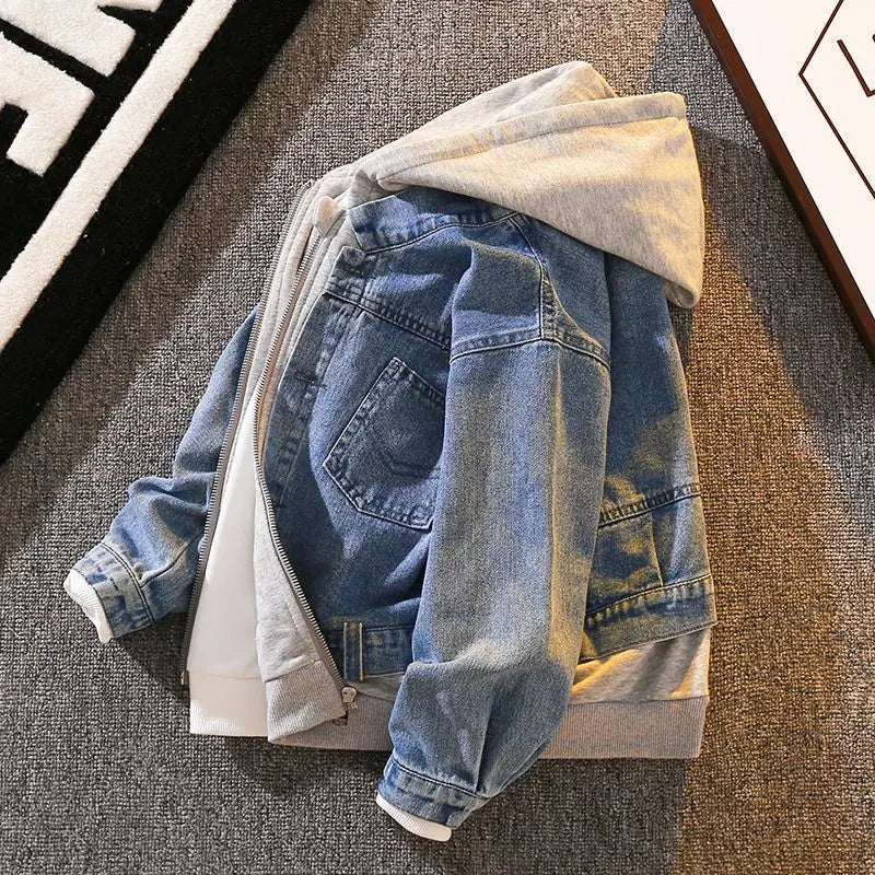 Teenage Boys Denim Jacket Spring and Autumn New Children's hooded casual Korean version jacket