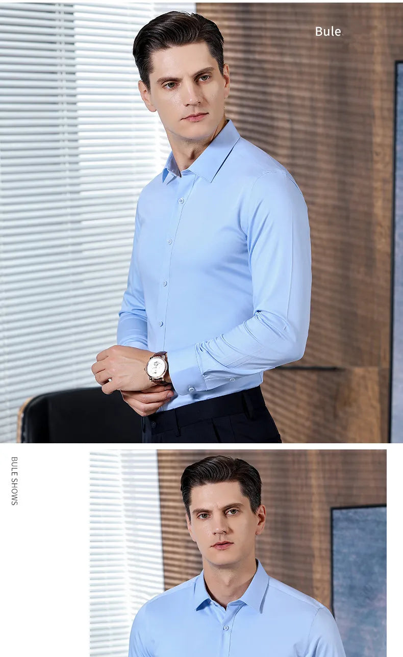 New Stretch Anti-Wrinkle Mens Shirts Long Sleeve Dress Shirt For Slim Fit Bamboo Fiber Business Blouse Social White Shirt Formal