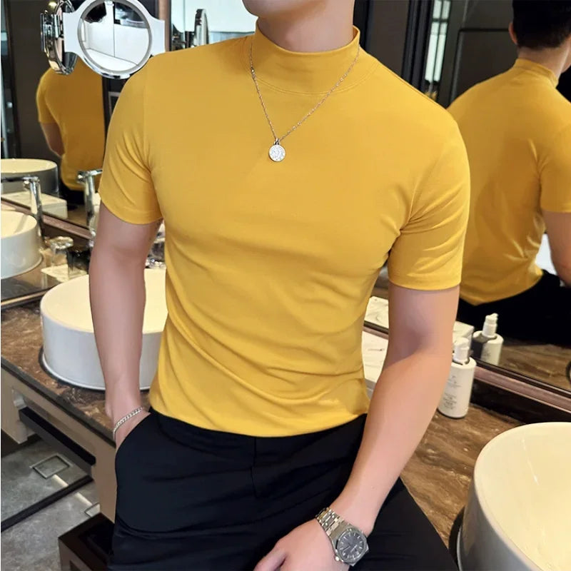 Spring Summer Men's Half High Neck Short Sleeve T-shirt Korean Slim Fit Solid Color Bottom Shirt Casual Cotton Elastic T-shirts