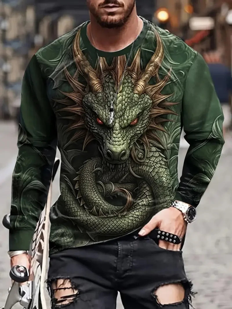 Vintage Men's Long Sleeve T-shirt 3D Golden Dragon Printed t shirts Harajuku Oversized Tops Casual Men's Outdoor Jogging T-Shirt