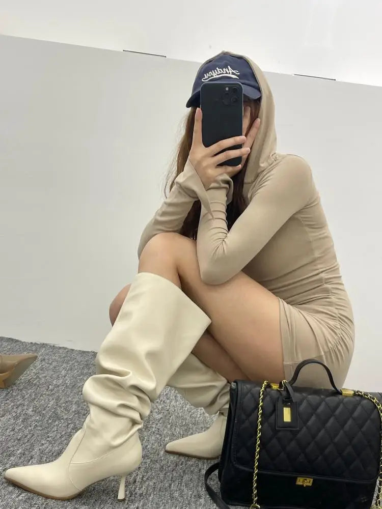 Party Modern Ladies Knee High Boots Pointed Toe Fashion Pleated Western Women Long Boots Shoes Female Pumps Heels Shoes