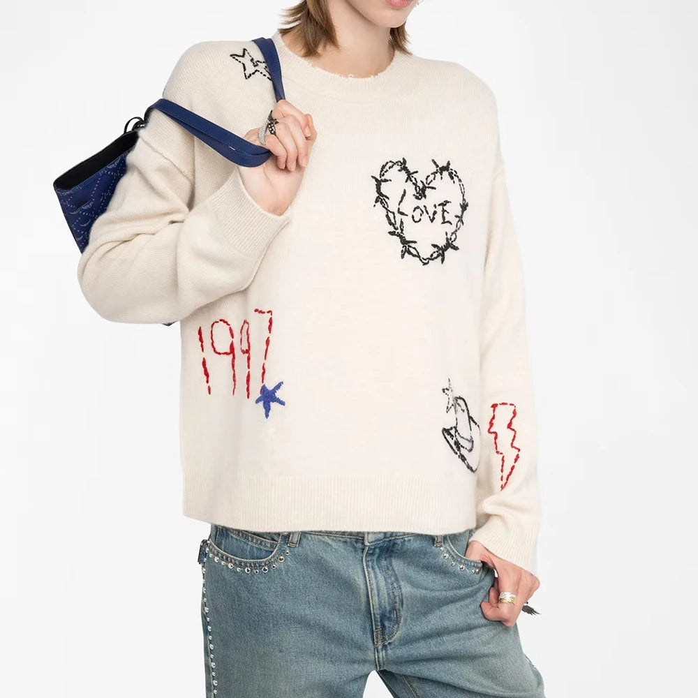 Rowan M538 Letter Jacquard Knit Pullover Winter O-Neck Long Sleeve Buttons Female Sweater Classic Casual Lady Top 2026