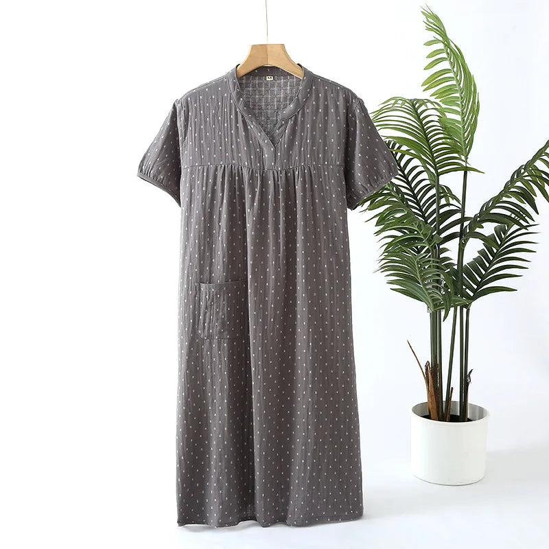 Summer Simple Cotton Double Gauze Women's Nightdress Thin Short-sleeved Home Nightgowns V-Neck Sexy Sleepwear Long Pajama Skirt