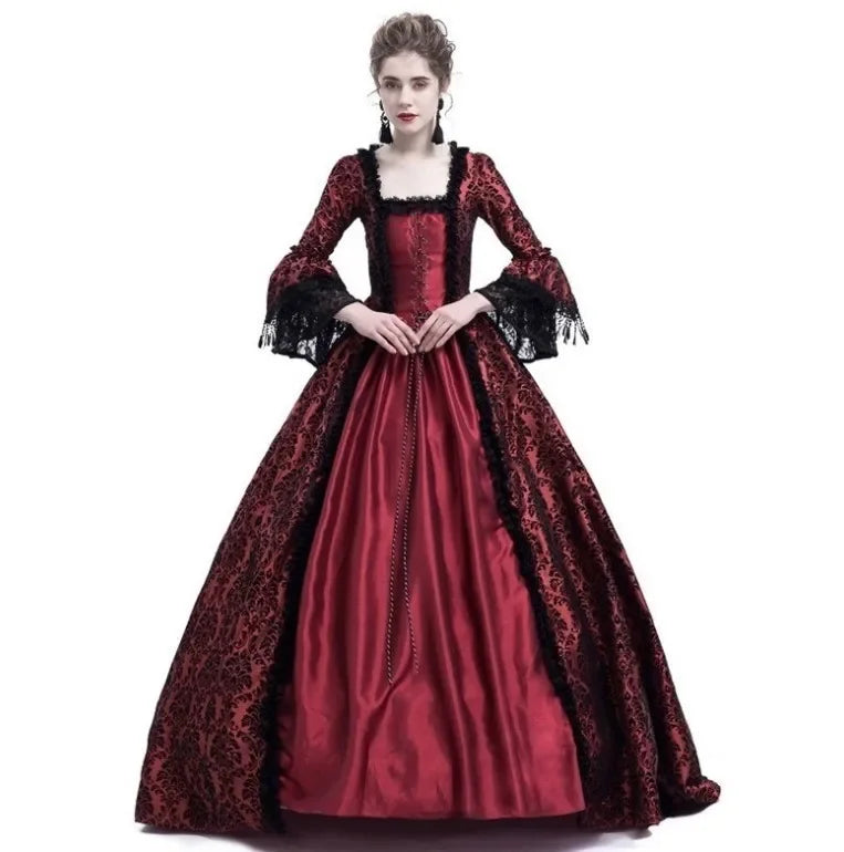 Medieval Victorian Court Lace Patchwork Gothic Dress Halloween Witch Cosplay Party Costume Square Neck Flare Sleeve Maxi