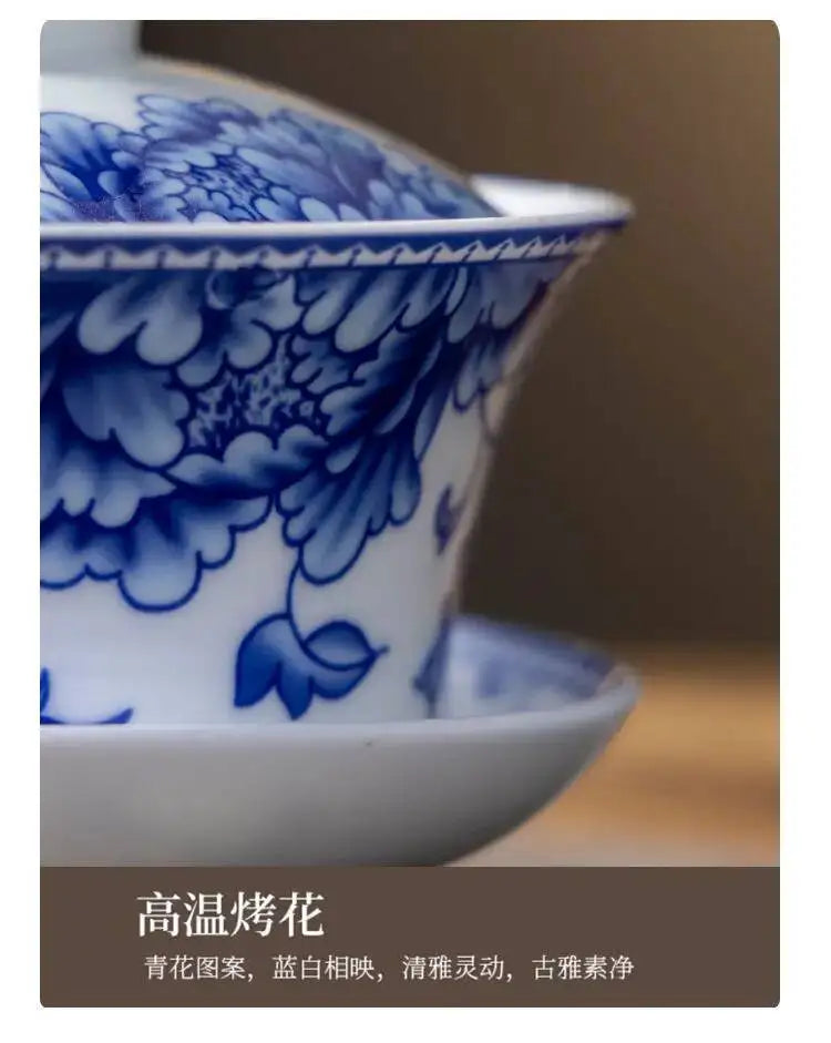 Blue and White Porcelain Gaiwan Tea Cup Large White Porcelain Ningxia Eight Treasures Tea Bowl Set Three Talents Tea Bowl Tea