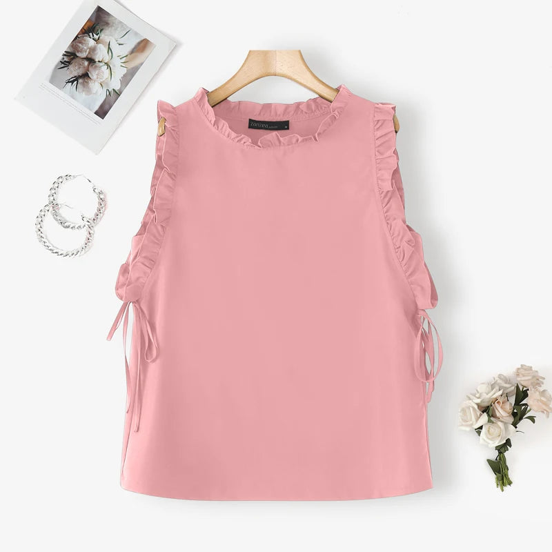 ZANZEA Women Tank Tops 2025 Summer Bandage Casual Loose Tees Sexy Sleeveless Solid Color Shirts Round Neck Ruffled Blusas Tops
