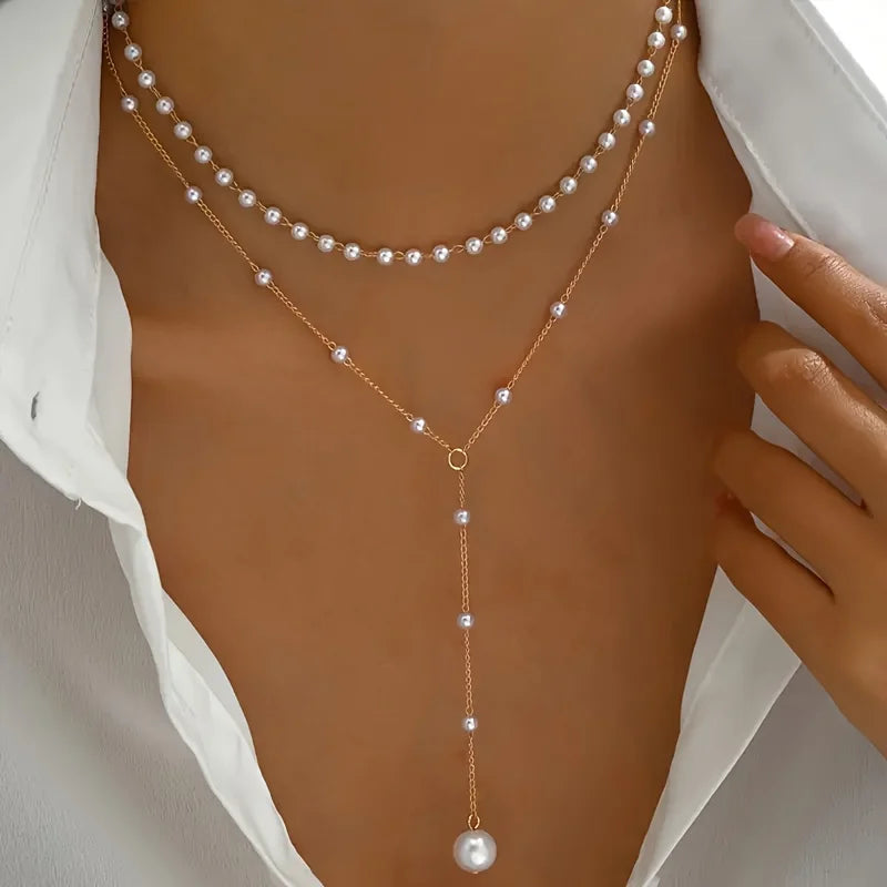 Elegant Imitation Pearl Necklace Fashion Long Tassel Pendant Front Chest Chain Necklace Women's Sexy Charm Body Jewelry Gifts