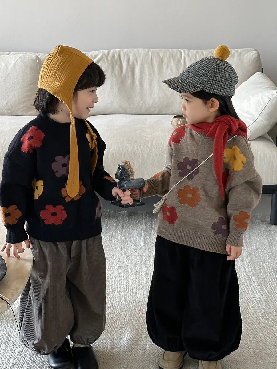 deer jonmi 2025 New Autumn Unisex Children Flowers Knitted Sweaters Retro Baby Boys Girls Pullovers Sweater