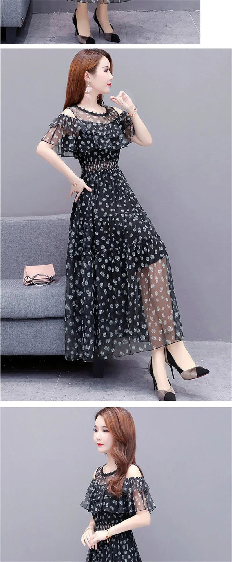 Mesh Chiffon Floral Print Dress Women 2024 New Summer Bohemian Beach Dress Long Off Shoulder Sexy Lady Party Dresses Vestidos