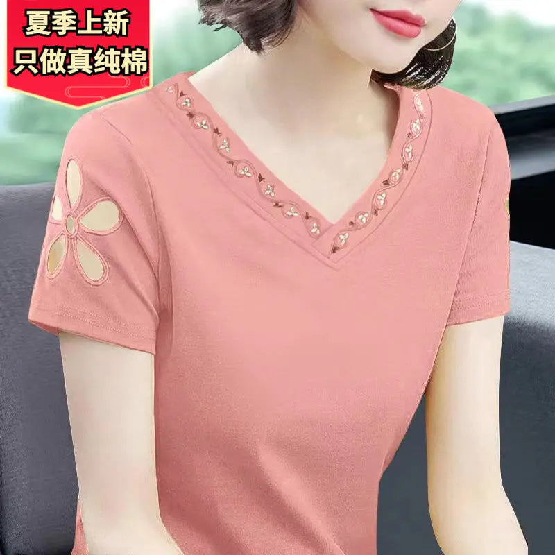 Simplicity Office Lady Summer New Pure Cotton Women's Solid V-Neck Embroidered Fashion Casual Loose Short Sleeve T-Shirts Tops
