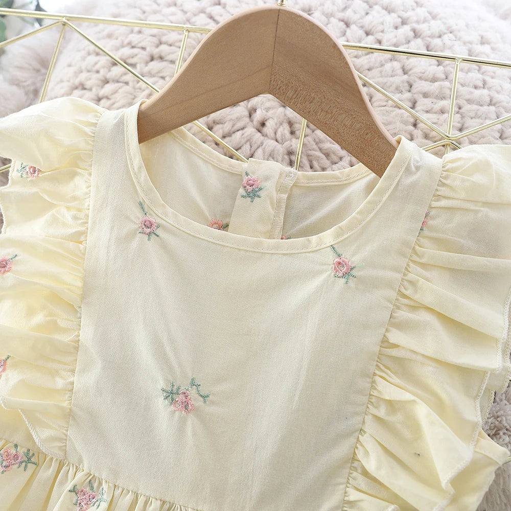 Summer Girls' Solid-color Flying Sleeve Princess Dress Round-neck Embroidered Casual Dress Children's Clothing