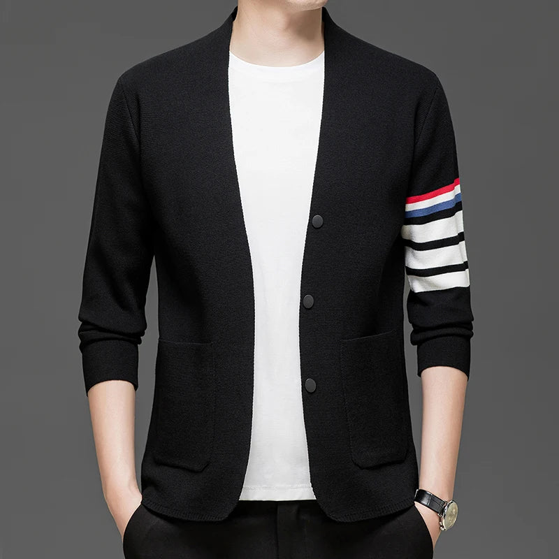 Spring Autumn New Men's V-Neck Knitted Cardigan High Quality Color Blocked Striped Breathable Pocket Sweater Versatile Menswear