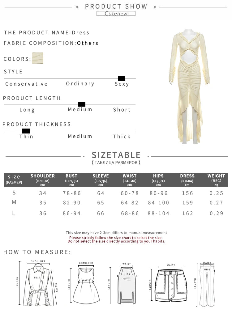 Cutenew Mesh Concise Dress Women Classic Holiday Style Long Sleeve Cut out Shirring Asymmetrical Robe Female Elegant Attirewear