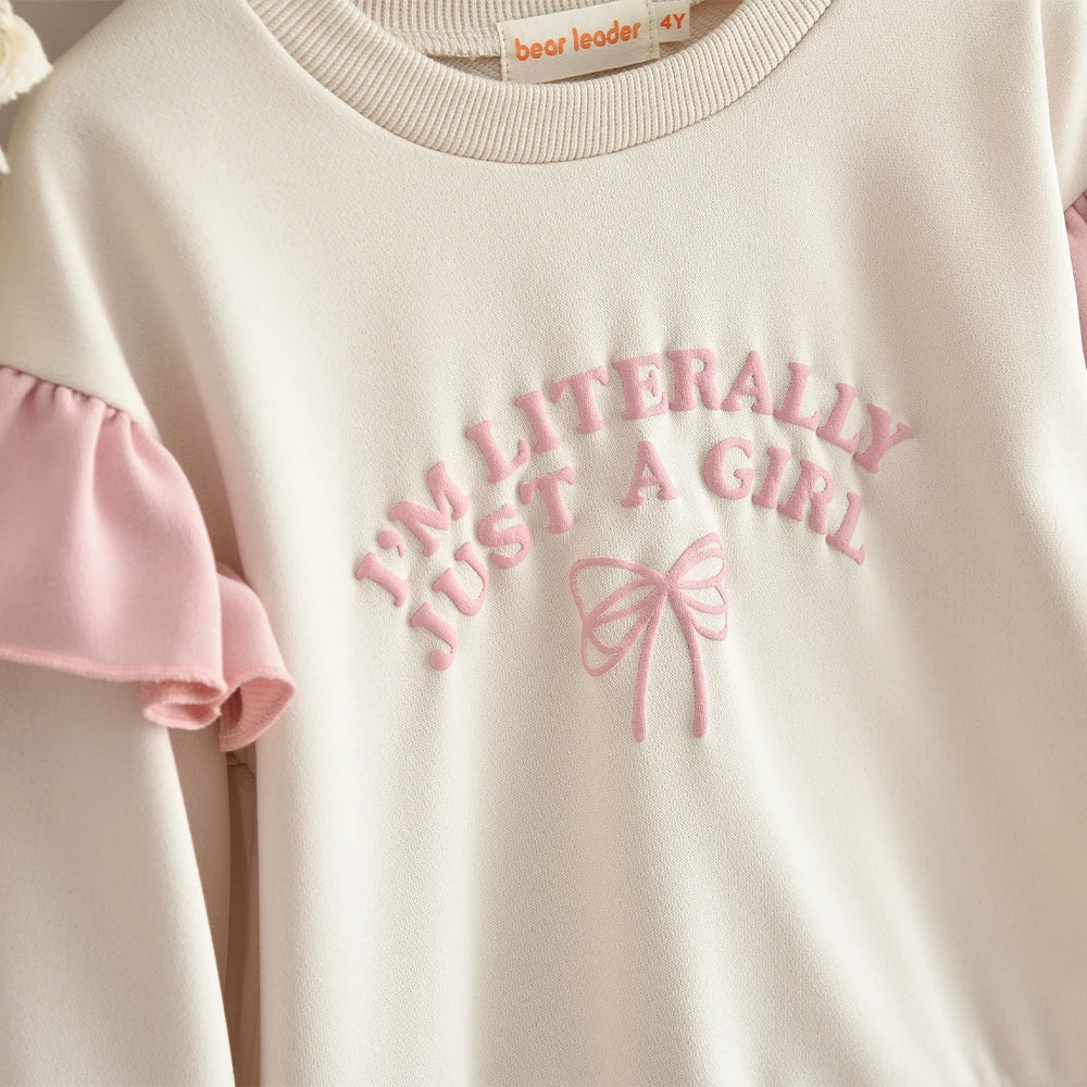 Bear Leader Spring and Autumn Long Sleeve Girls' Set Letter Printed Top+Solid Color Bell Bottom Pants Pink Casual Kids Wear