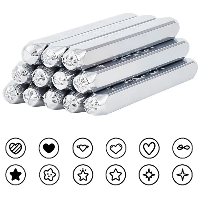 12 Stück 3mm Metallstempel-Set Herz Stern Muster Design Gravur Prägestempel für Metallschmuck Leder und Holzbedruckung