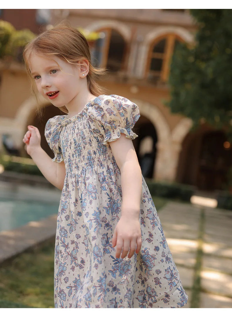 Toddler Girls Floral Princess Dress Little Girl Cotton Short Sleeve Blue Flowers Party Dress Summer Casual Dresses Kids Clothes