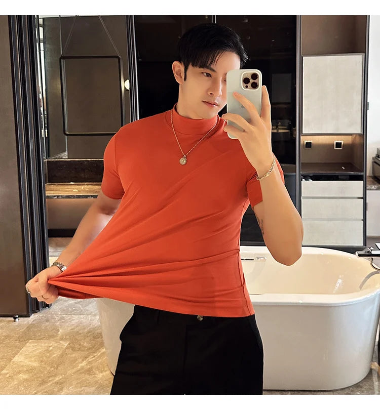 Spring Summer Men's Half High Neck Short Sleeve T-shirt Korean Slim Fit Solid Color Bottom Shirt Casual Cotton Elastic T-shirts