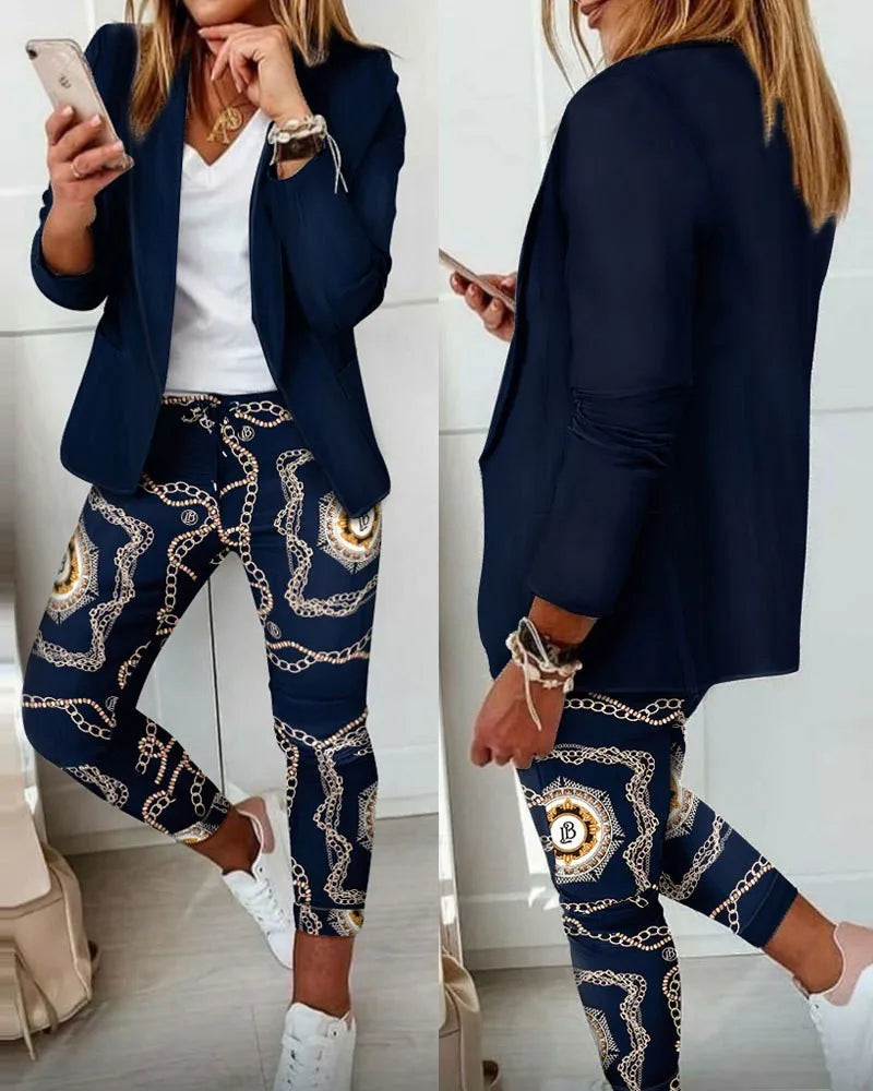 Traje de oficina formal de dos piezas para mujer 2026, conjunto de blazer y pantalón ajustado con bolsillo, solapa, conjuntos de oficina para mujer, chándal de 2 piezas