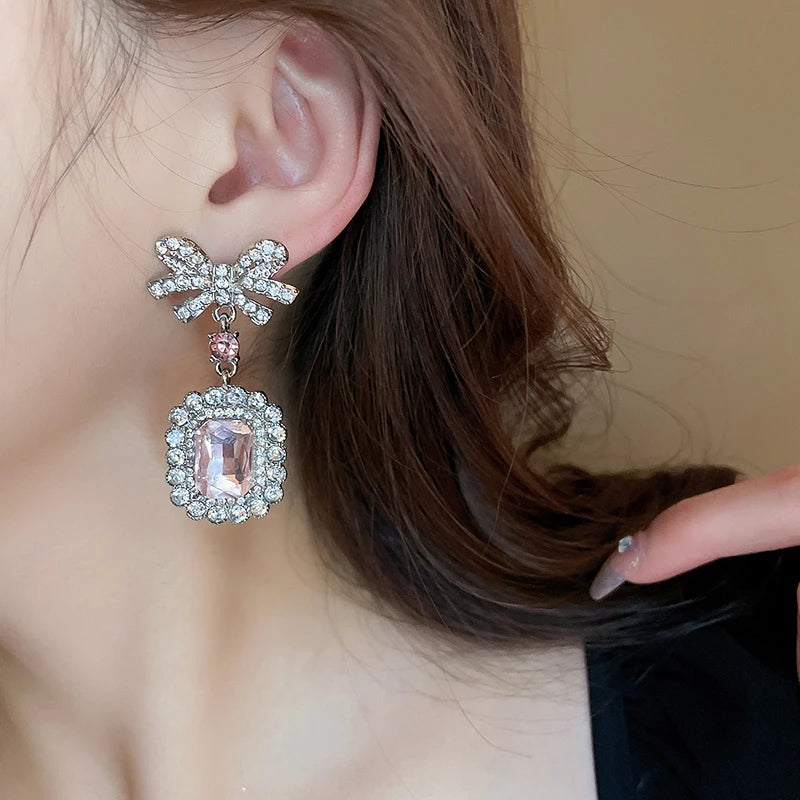 Pink Crystal Zircon Jewelry Set Women Fashion Square Bow Pendant Necklace Drop Earrings Light Luxury Party Wedding Jewelry