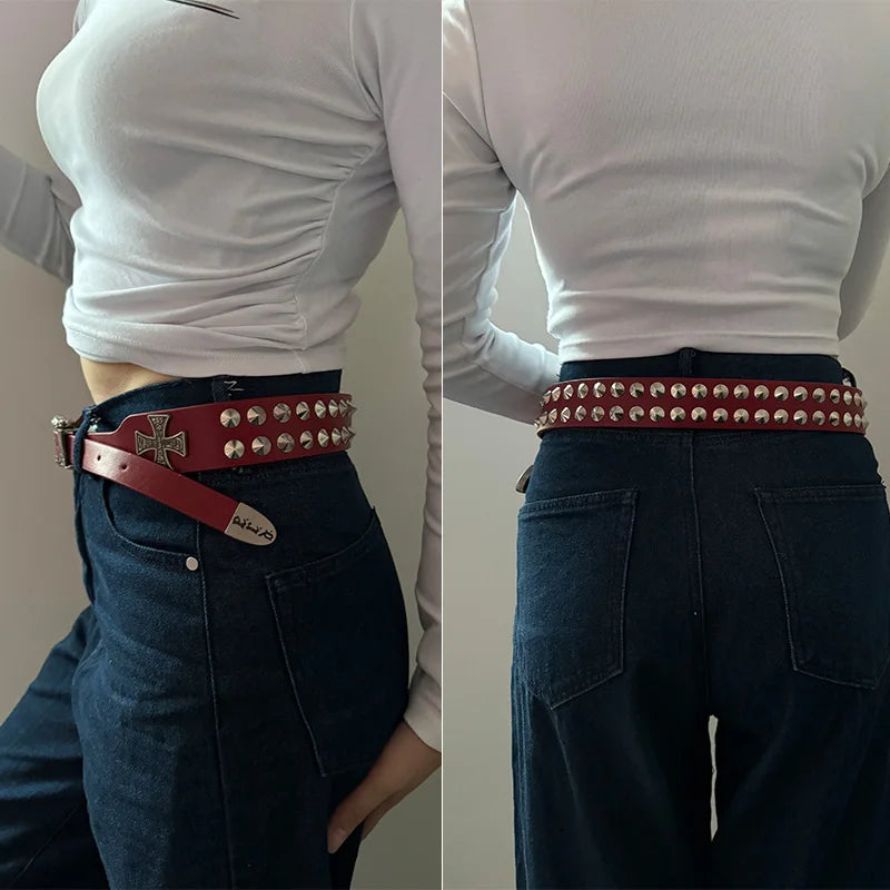 Unisex Cross Jeans Belt FeMale Gothic Accessory Punk Y2k Designer Belts For Women Hip hop Plus Size Rivet Black Men's Belt male