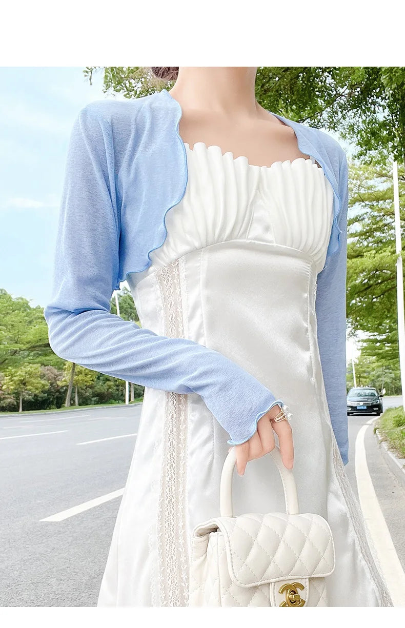 Womens Ruffle Long Sleeve Cropped Evening Shrug Open Front Bolero Tops Cardigan Long Sleeve Short Coat Cover-ups