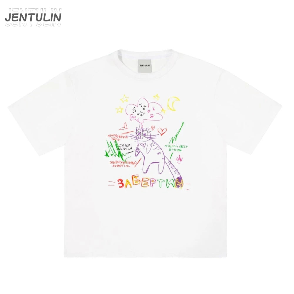 Streetwear Men's Clothing Cotton Cat Graphic Print Korean Fashion Harajuku Goth Y2k Hip Hop Short Sleeve Top Tee Oversize Tshirt