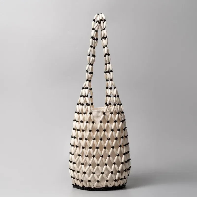 Summer Boho Style Hollow Out Woven Bag for Women Fashion Wooden Beads Shoulder Bag Seaside Holiday Mesh Bucket Tote Bags Bolsa