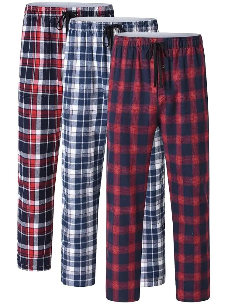 3Pcs Men's 100% Cotton Plaid Pajama Sleeping Pants, Long Plaid Print Sleepwear Pajama Pants with Elastic Waist Homewear