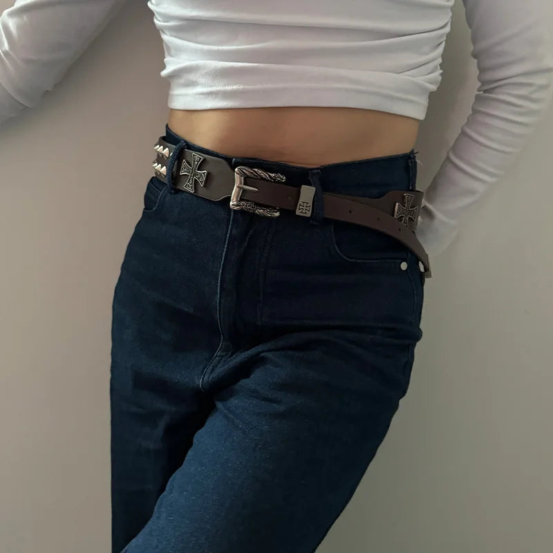 Unisex Cross Jeans Belt FeMale Gothic Accessory Punk Y2k Designer Belts For Women Hip hop Plus Size Rivet Black Men's Belt male