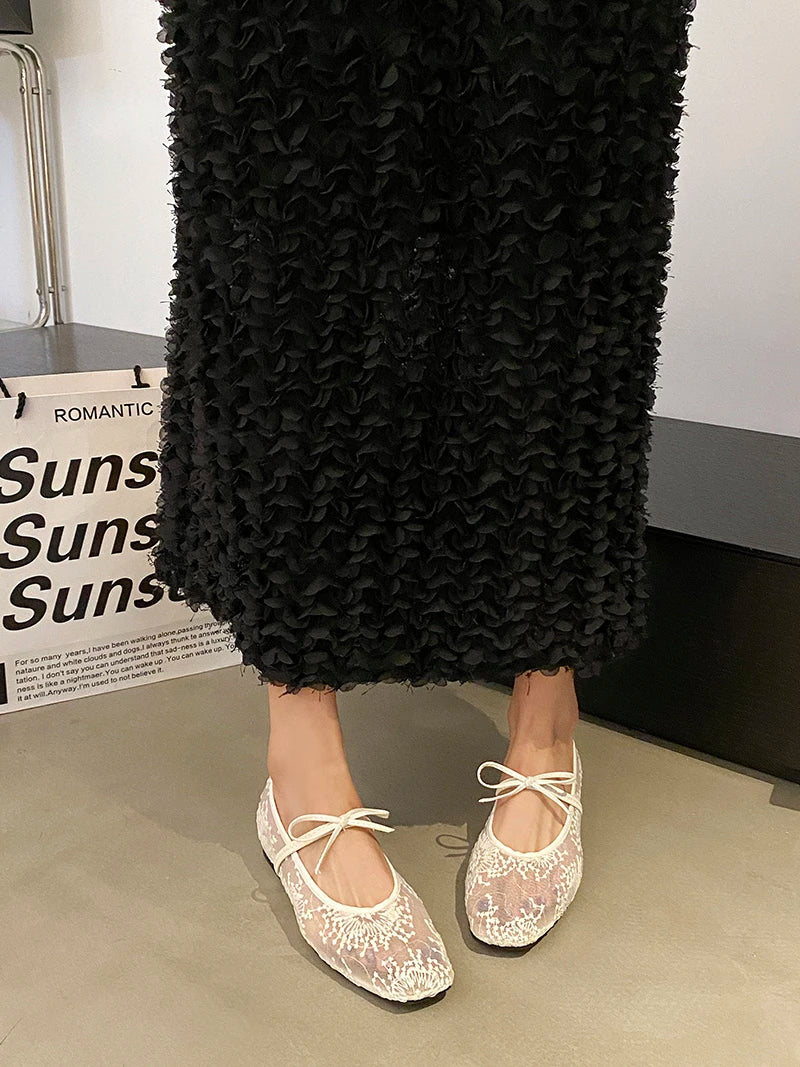 Mesh lace inner heightening women's shoes 2025 summer new sexy square head shallow breathable ballet shoes bow flat shoes