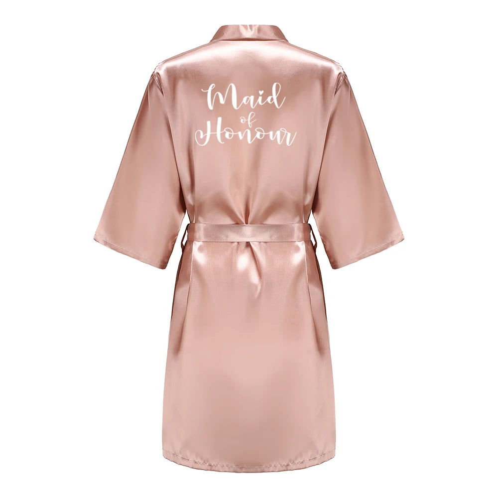 Women's Satin Kimono Robes With White Letter Bride Bridesmaid Short Getting Ready Wedding Dressing Gown