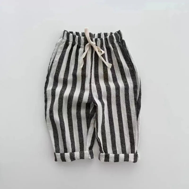 Vintage Linen Cotton Stripe Pants for Boys Casual Pocket Design Elastics Waist Pants for Toddler Girl Clothing Children Trousers